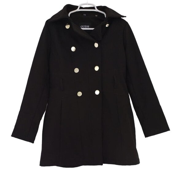 Guess Women's Double-Breasted Black Peacoat With Hood & Gold Buttons Size Medium - Picture 1 of 8